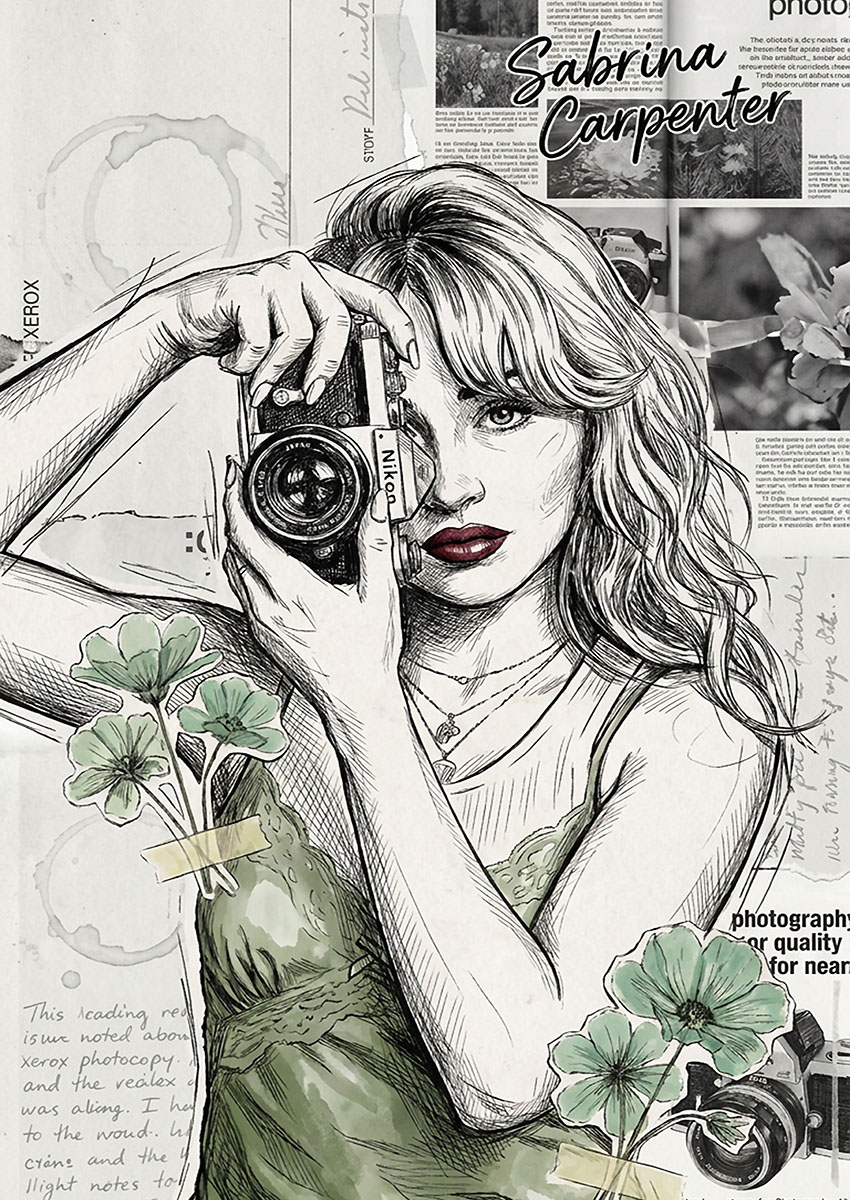 Detailed pop art sketch of Sabrina Carpenter holding a vintage camera with floral accents and newspaper collage elements